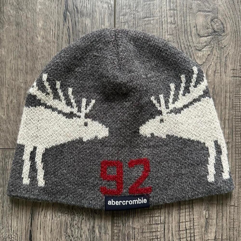Vintage Y2K Wool Abercrombie & Fitch Grey Varsity Beanie Skullcap Hat